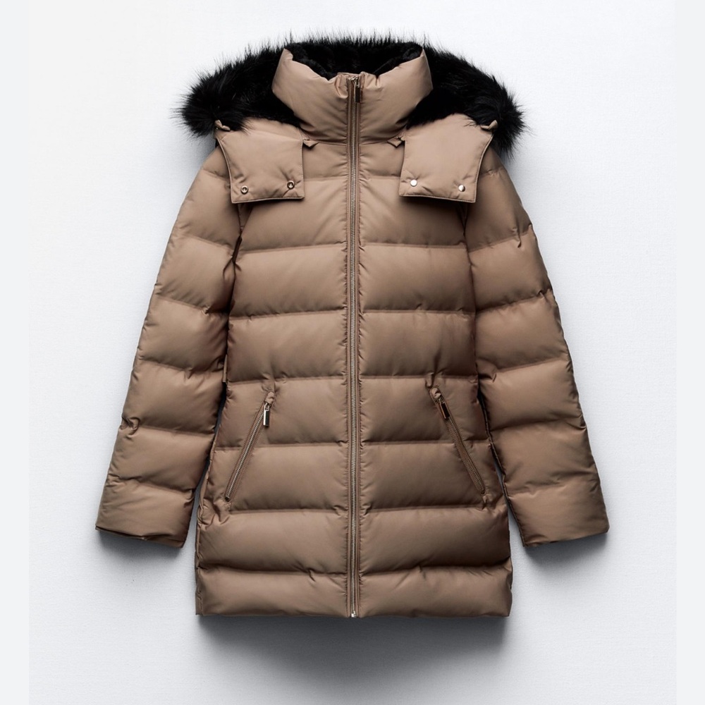 Zara Taupe Quilted Feather Jacket Size XS